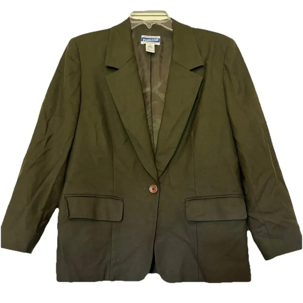 Vtg Pendleton Petite 10 Blazer USA Virgin Wool‎ Green Women's Single Button Coat